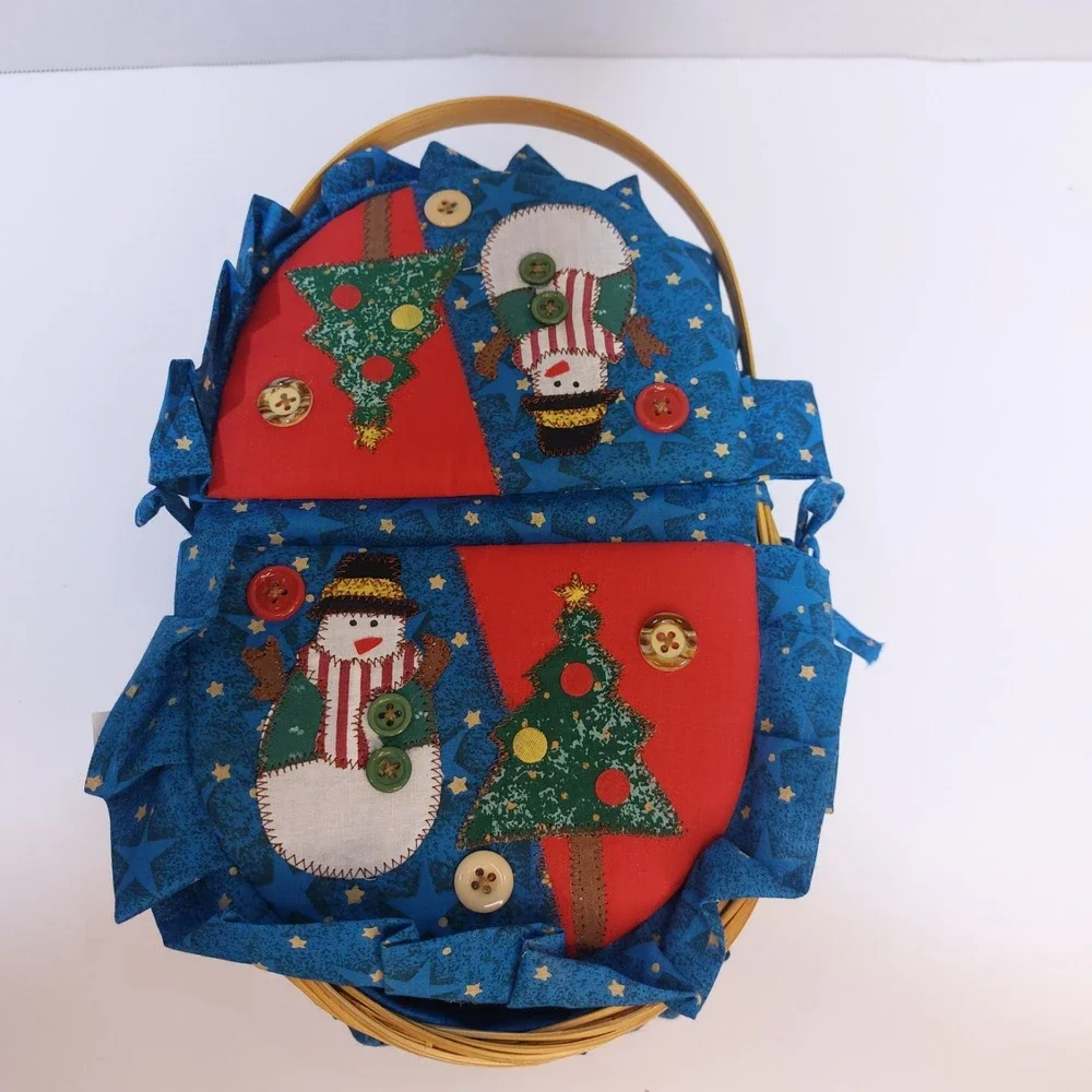 3 Pc Holiday Covered Basket Set Snowman Christmas Tree Fabric Unused Box